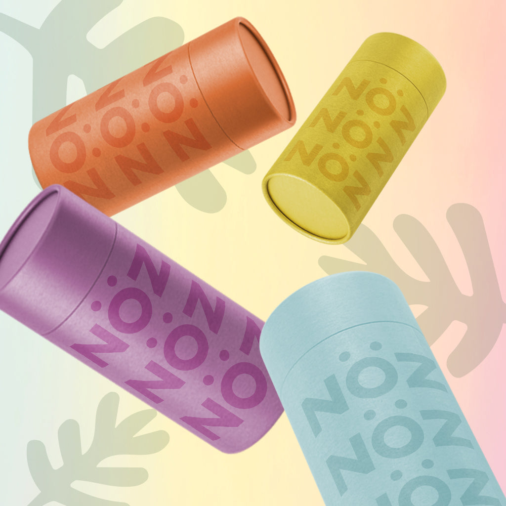 Noz-up sunscreen, odorless skunk and bear repellent. In yellow, purple, green and orange. 